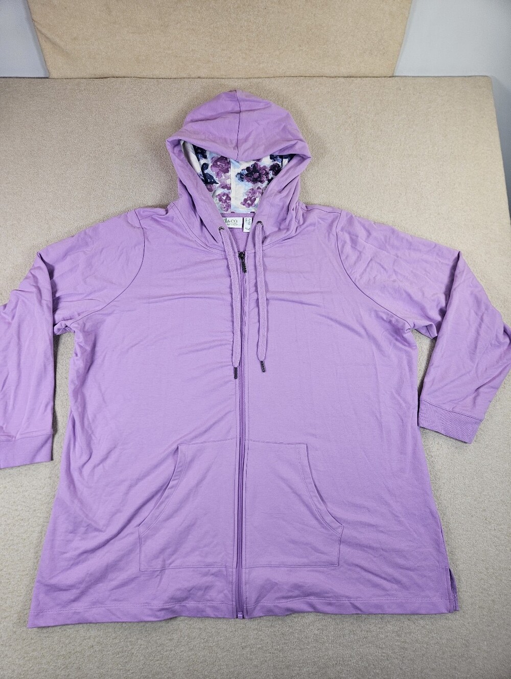 D&Co Active Womens 2X Purple Full Zip Hoodie Floral Lined Hood Plus
